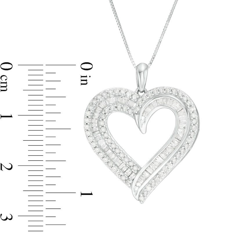 1 CT. T.W. Baguette and Round Diamond Double Row Heart Pendant in 10K White Gold