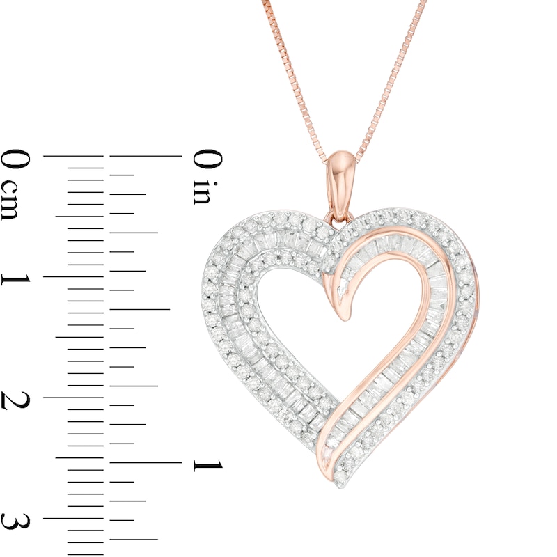 1 CT. T.W. Baguette and Round Diamond Double Row Heart Pendant in 10K Rose Gold