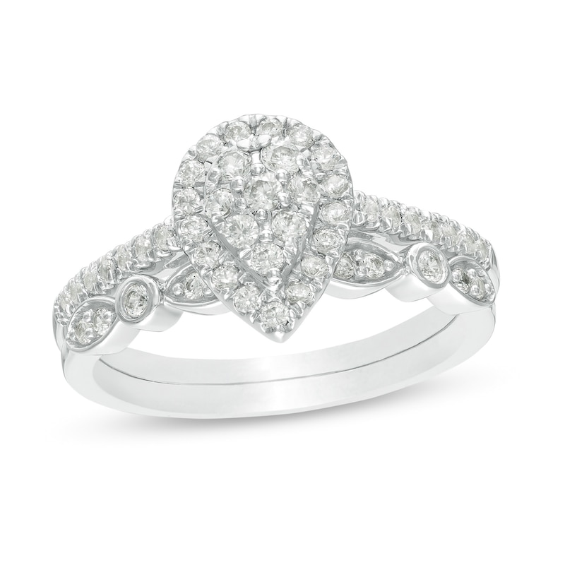 Main Image 1 of 1/2 CT. T.W. Composite Pear-Shaped Diamond Art Deco Bridal Set in 10K White Gold