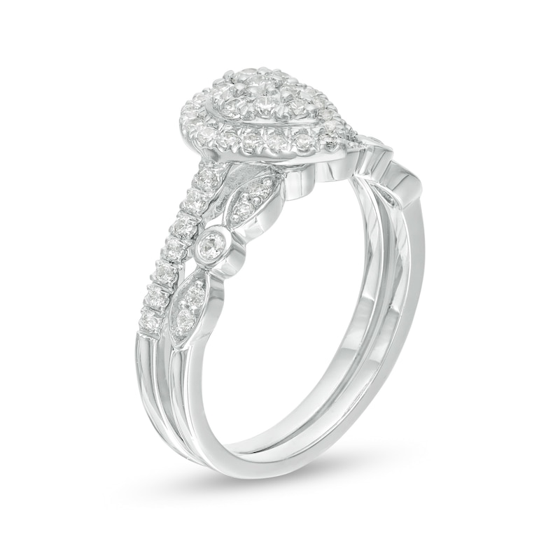 Main Image 3 of 1/2 CT. T.W. Composite Pear-Shaped Diamond Art Deco Bridal Set in 10K White Gold