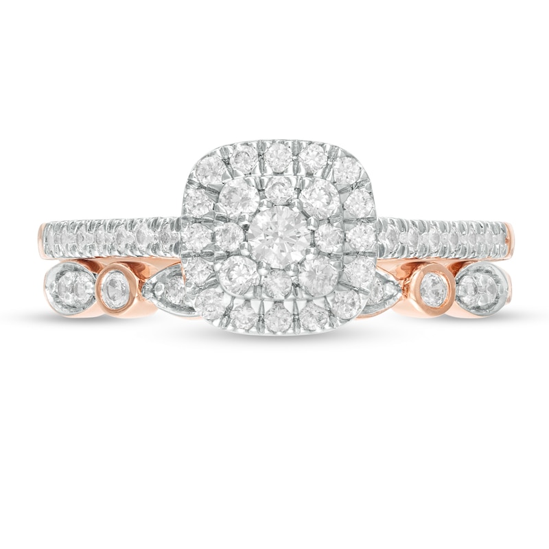 Main Image 4 of 1/2 CT. T.W. Composite Cushion-Shaped Diamond Art Deco Bridal Set in 10K Rose Gold