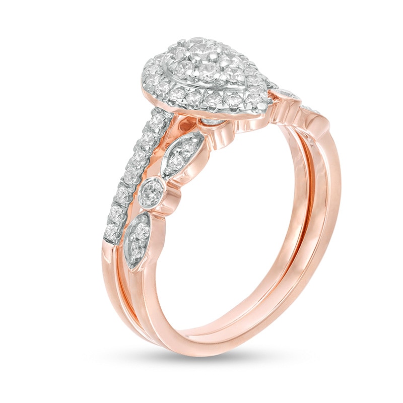 Main Image 3 of 1/2 CT. T.W. Pear-Shaped Multi-Diamond Art Deco Bridal Set in 10K Rose Gold