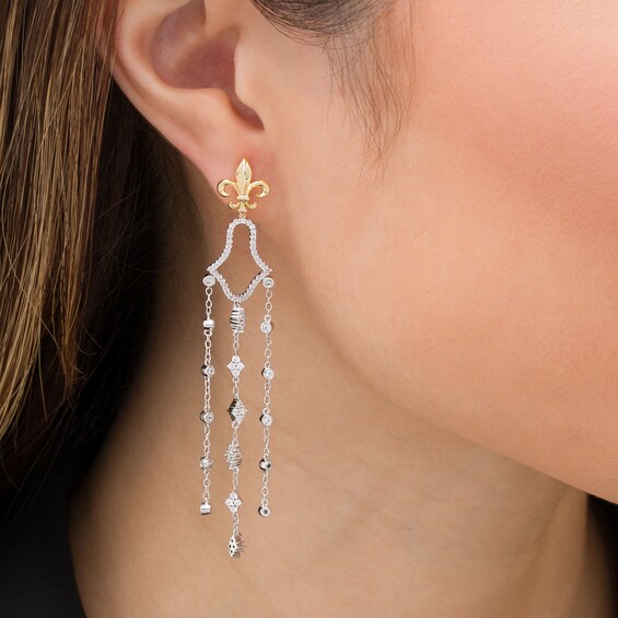 1 CT. T.W. Diamond Fleur-De-Lis with Geometric Chandelier Drop Earrings in 10K Two-Tone Gold 1 CT. T.W. Diamond Fleur-De-Lis with Geometric Chandelier Drop Earrings in 10K Two-Tone Gold