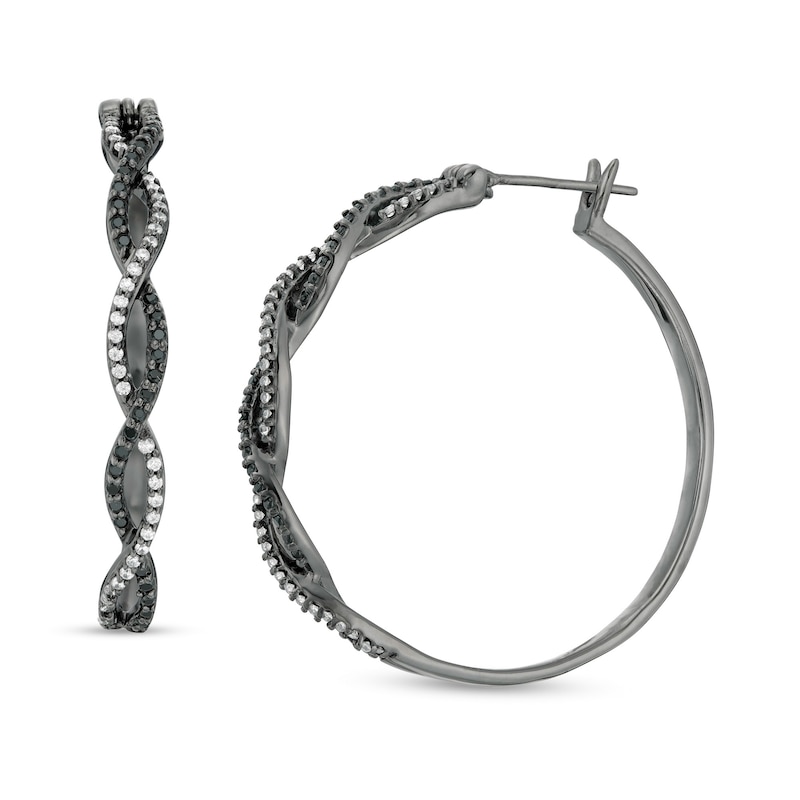 Main Image 1 of 1/2 CT. T.W. Enhanced Black and White Diamond Twist Hoop Earrings in Sterling Silver with Black Rhodium