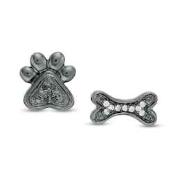 1/20 CT. T.W. Enhanced Black and White Diamond Bone and Paw Mismatch Stud Earrings in Sterling Silver with Black Rhodium