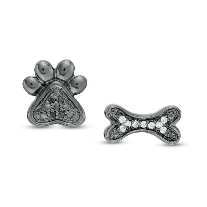 Main Image 1 of 1/20 CT. T.W. Enhanced Black and White Diamond Bone and Paw Mismatch Stud Earrings in Sterling Silver with Black Rhodium