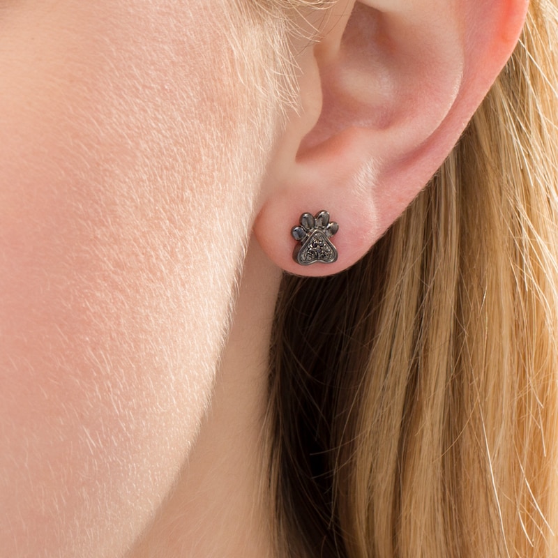 Main Image 2 of 1/20 CT. T.W. Enhanced Black and White Diamond Bone and Paw Mismatch Stud Earrings in Sterling Silver with Black Rhodium
