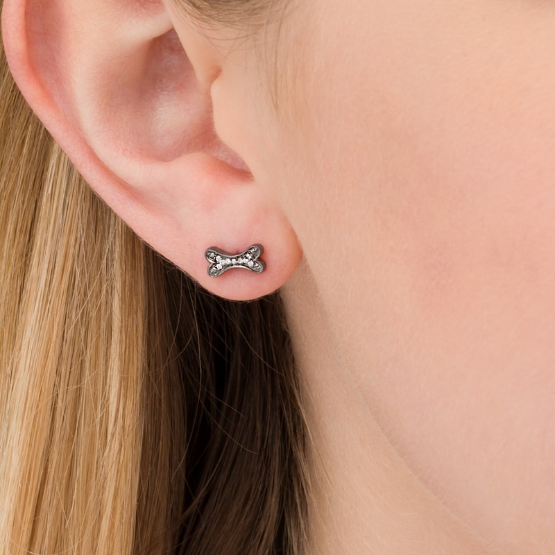 Main Image 3 of 1/20 CT. T.W. Enhanced Black and White Diamond Bone and Paw Mismatch Stud Earrings in Sterling Silver with Black Rhodium