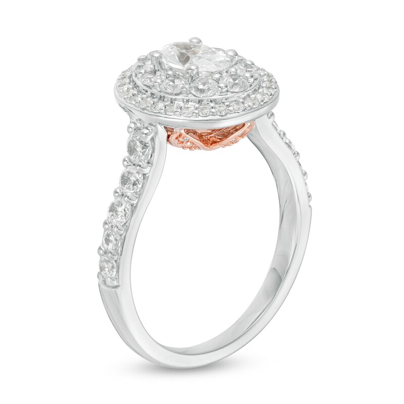 Main Image 2 of Love’s Destiny by Zales 1-3/4 CT. T.W. Certified Oval Diamond Double Frame Engagement Ring in 14K Two-Tone Gold (I/SI2)