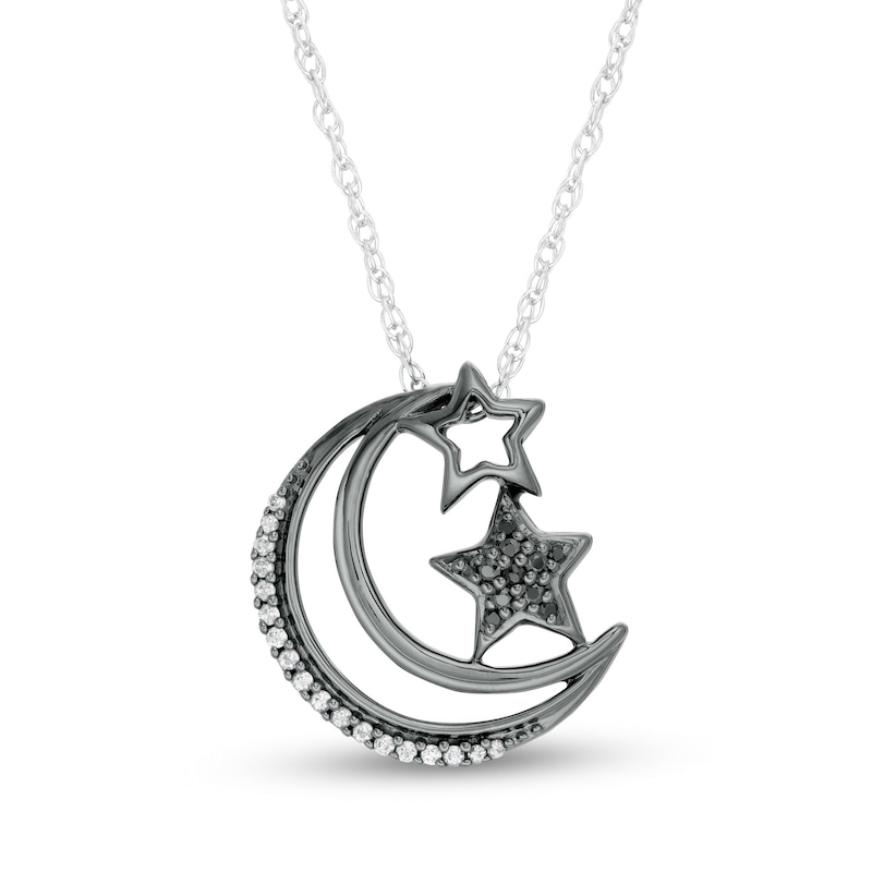 Main Image 1 of 1/8 CT. T.W. Enhanced Black and White Diamond Crescent Moon and Stars Pendant in Sterling Silver with Black Rhodium