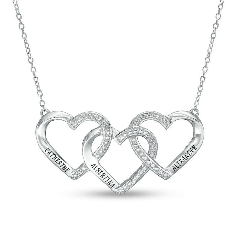 Mother's Diamond Accent Beaded Engravable Interlocking Hearts Trio Necklace in Sterling Silver (3 Lines)