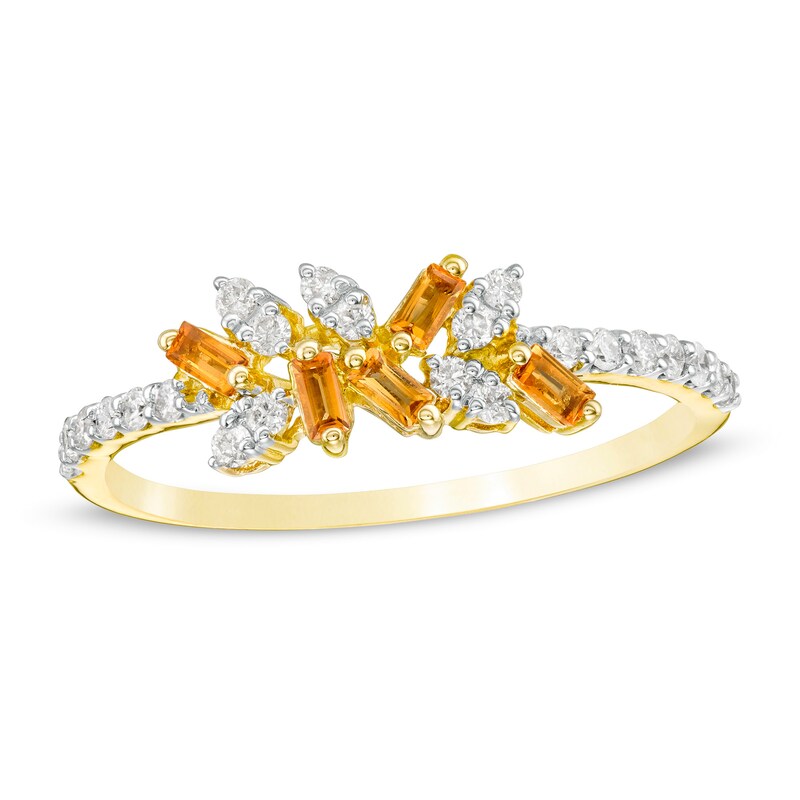 Baguette-Cut Citrine and 1/5 CT. T.W. Diamond Zig-Zag Cluster Ring in 10K Gold