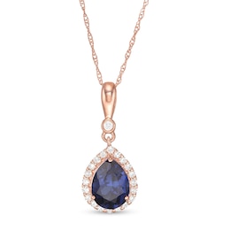 Pear-Shaped Lab-Created Blue Sapphire and 1/10 CT. T.W. Diamond Frame Pendant in 10K Rose Gold