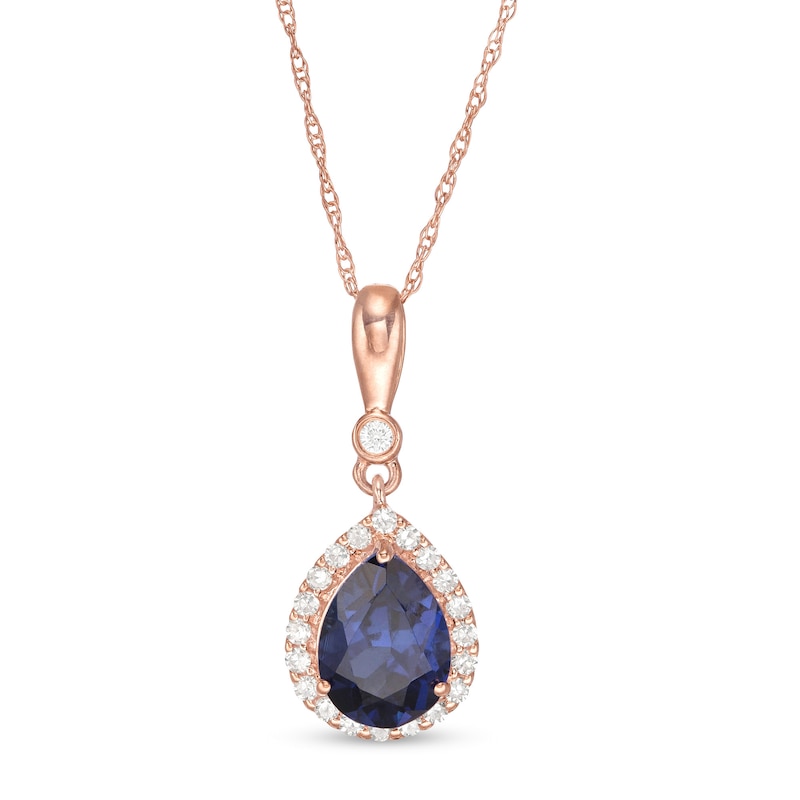 Main Image 1 of Pear-Shaped Lab-Created Blue Sapphire and 1/10 CT. T.W. Diamond Frame Pendant in 10K Rose Gold