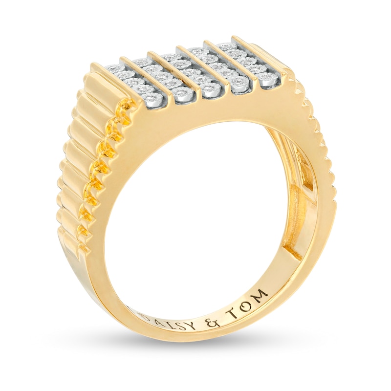 Men's 1/10 CT. T.W. Diamond Engravable Vertical Five Row Ribbed Ring in Sterling Silver with 14K Gold Plate (1 Line)