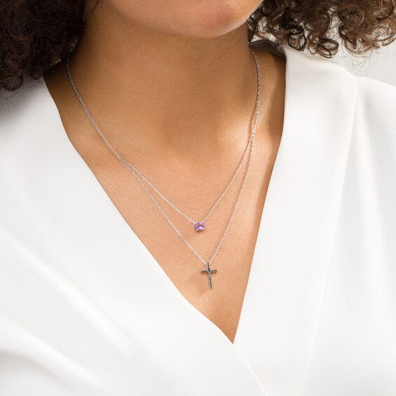 Oval Amethyst and 1/10 CT. T.w. Black Diamond Cross Double Strand Necklace in Sterling Silver