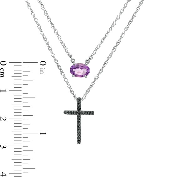 Oval Amethyst and 1/10 CT. T.w. Black Diamond Cross Double Strand Necklace in Sterling Silver
