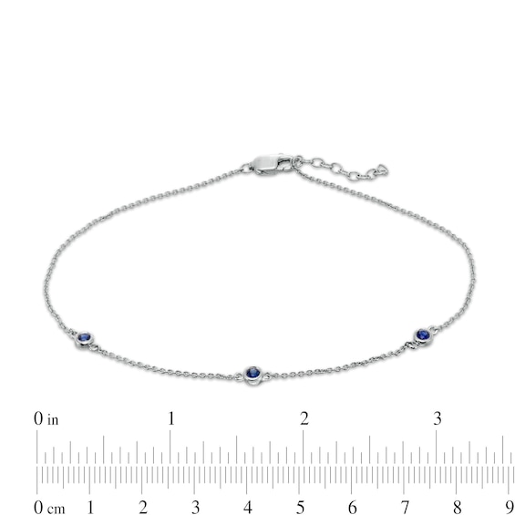 Bezel-Set Lab-Created Blue Sapphire Three Stone Station Anklet in Sterling Silver - 10"