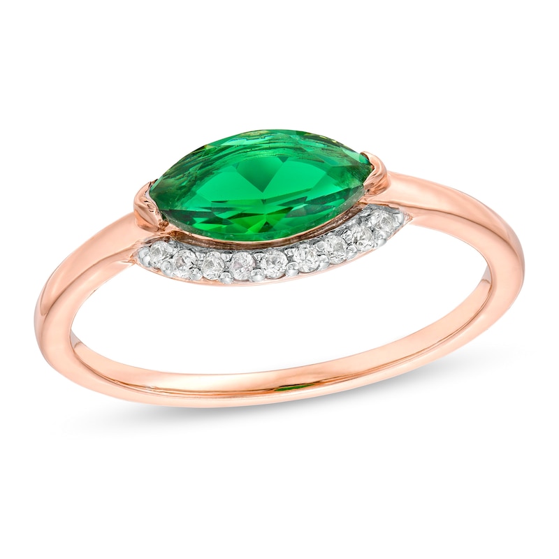 Main Image 1 of Sideways Marquise Lab-Created Emerald and White Sapphire Curved Halo Ring in Sterling Silver with 14K Rose Gold Plate
