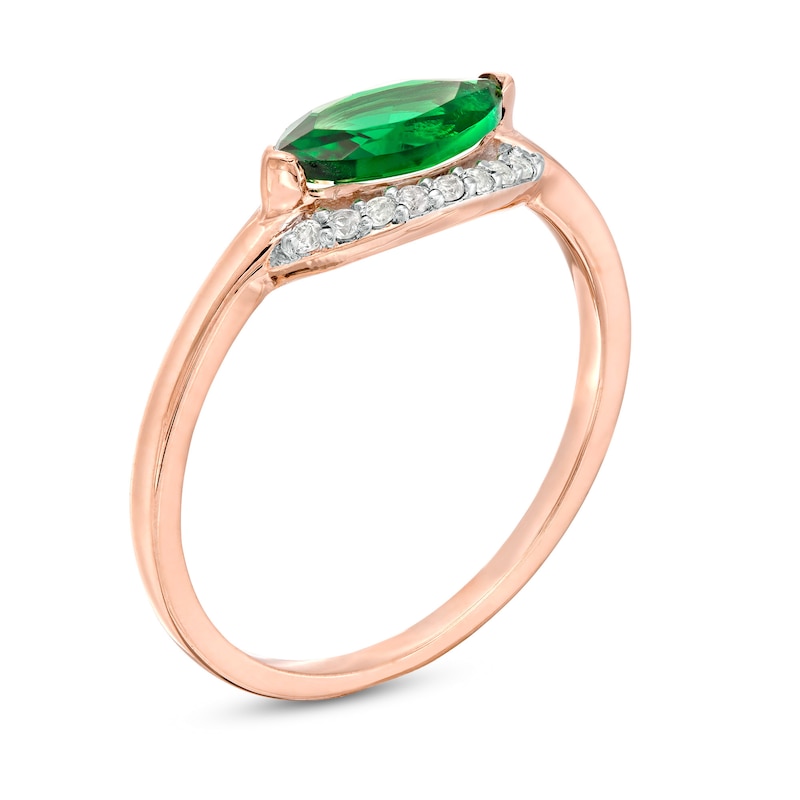 Main Image 3 of Sideways Marquise Lab-Created Emerald and White Sapphire Curved Halo Ring in Sterling Silver with 14K Rose Gold Plate