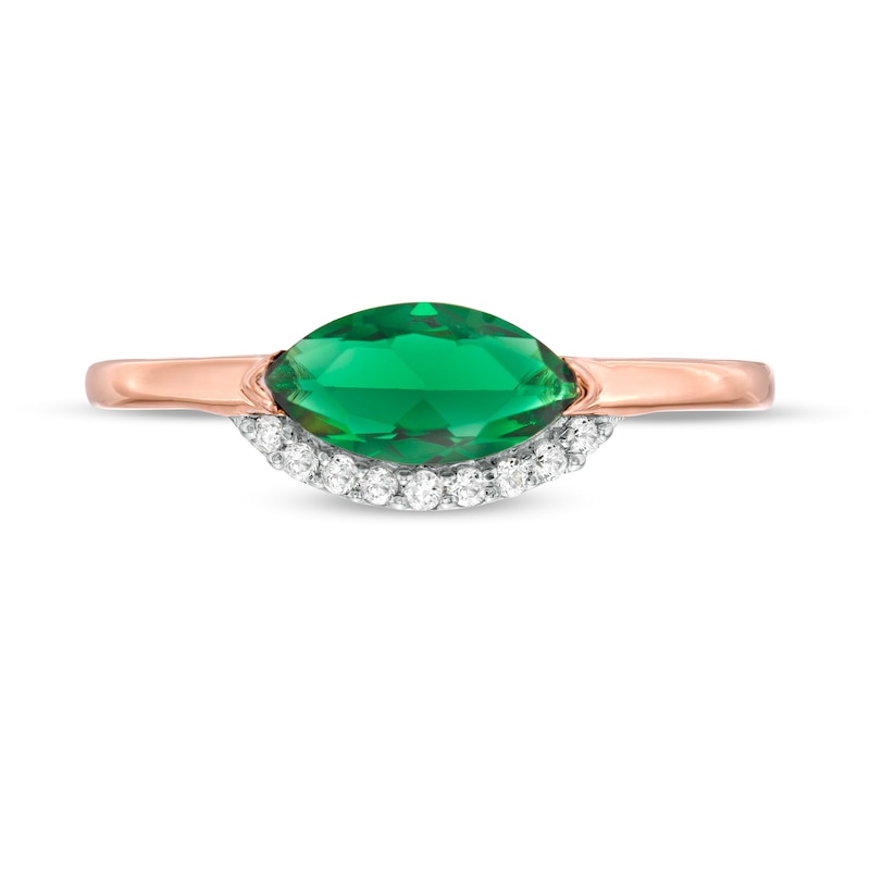 Main Image 4 of Sideways Marquise Lab-Created Emerald and White Sapphire Curved Halo Ring in Sterling Silver with 14K Rose Gold Plate