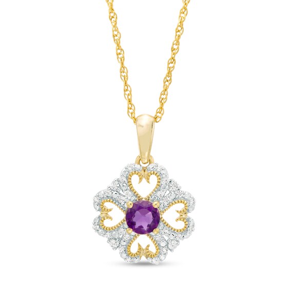 4.0mm Amethyst and 1/10 CT. T.W. Diamond Vintage-Style Heart-Shaped Four-Leaf Clover Pendant in 10K Gold 4.0mm Amethyst and 1/10 CT. T.W. Diamond Vintage-Style Heart-Shaped Four-Leaf Clover Pendant in 10K Gold