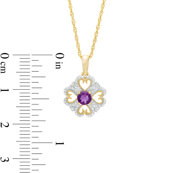 4.0mm Amethyst and 1/10 CT. T.W. Diamond Vintage-Style Heart-Shaped Four-Leaf Clover Pendant in 10K Gold 4.0mm Amethyst and 1/10 CT. T.W. Diamond Vintage-Style Heart-Shaped Four-Leaf Clover Pendant in 10K Gold
