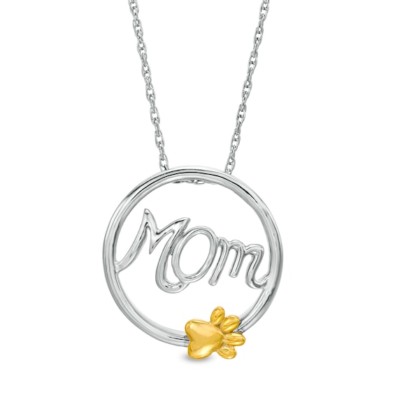 Cursive "Mom" and Paw Print Circle Frame Pendant in Sterling Silver and 10K Gold Cursive "Mom" and Paw Print Circle Frame Pendant in Sterling Silver and 10K Gold