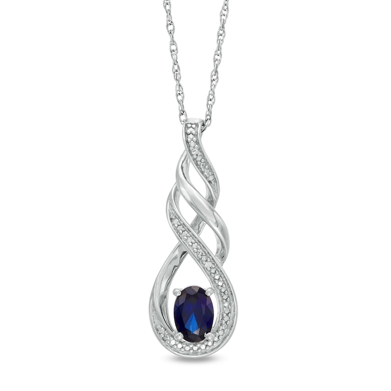 Main Image 1 of Oval Lab-Created Blue Sapphire and Diamond Accent Cascading Open Flame Pendant in Sterling Silver