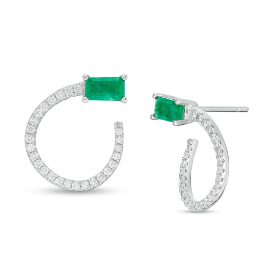Sideways Emerald-Cut Emerald and 1/5 CT. T.W. Diamond Loop Drop Earrings in 14K White Gold Sideways Emerald-Cut Emerald and 1/5 CT. T.W. Diamond Loop Drop Earrings in 14K White Gold
