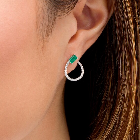 Sideways Emerald-Cut Emerald and 1/5 CT. T.W. Diamond Loop Drop Earrings in 14K White Gold Sideways Emerald-Cut Emerald and 1/5 CT. T.W. Diamond Loop Drop Earrings in 14K White Gold