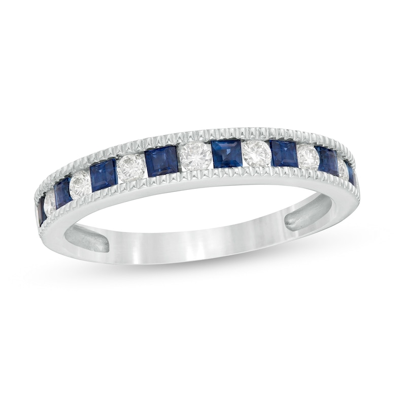 Princess-Cut Blue Sapphire and 1/5 CT. T.W. Diamond Milgrain Border ...