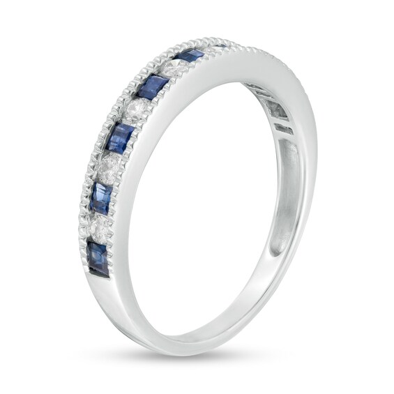 Princess-Cut Blue Sapphire and 1/5 CT. T.w. Diamond Milgrain Border Alternating Geometric Band in 14K White Gold