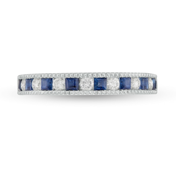 Princess-Cut Blue Sapphire and 1/5 CT. T.w. Diamond Milgrain Border Alternating Geometric Band in 14K White Gold