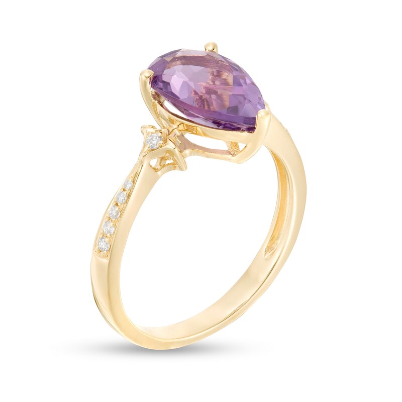Pear-Shaped Amethyst and 1/20 CT. T.W. Diamond Kite-Shaped Side Accents Tapered Shank Ring in 14K Gold