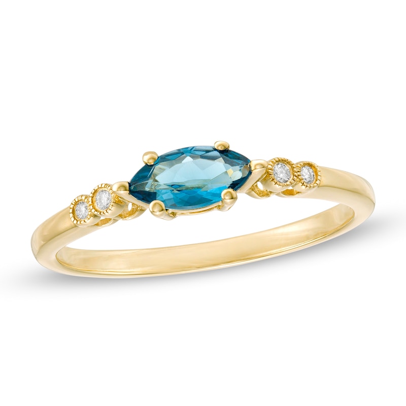 Sideways Marquise London Blue Topaz and and Diamond Accent Bezel-Set Art Deco Ring in 14K Gold