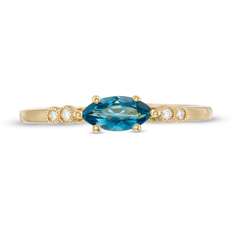 Sideways Marquise London Blue Topaz and and Diamond Accent Bezel-Set Art Deco Ring in 14K Gold