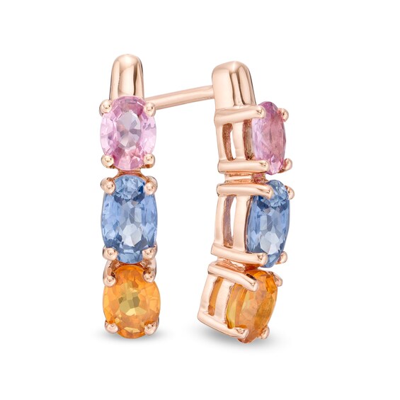 Oval Multi-Color Sapphire Three Stone Curved Drop Earrings in 14K Rose Gold Oval Multi-Color Sapphire Three Stone Curved Drop Earrings in 14K Rose Gold