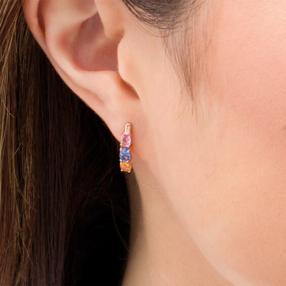 Oval Multi-Color Sapphire Three Stone Curved Drop Earrings in 14K Rose Gold Oval Multi-Color Sapphire Three Stone Curved Drop Earrings in 14K Rose Gold