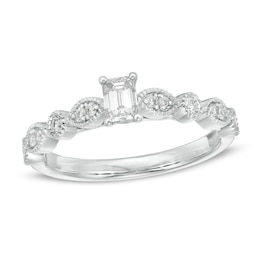 1/2 CT. T.W. Emerald-Cut Diamond wih Marquise Shapes Vintage-Style Engagement Ring in 10K White Gold