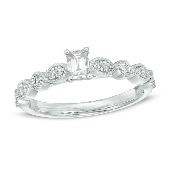 1/2 CT. T.w. Emerald-Cut Diamond wih Marquise Shapes Vintage-Style Engagement Ring in 10K White Gold