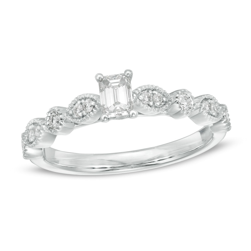 Main Image 1 of 1/2 CT. T.W. Emerald-Cut Diamond wih Marquise Shapes Vintage-Style Engagement Ring in 10K White Gold