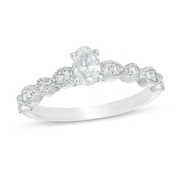 1/2 CT. T.W. Oval Diamond with Marquise Shapes Vintage-Style Engagement Ring in 10K White Gold