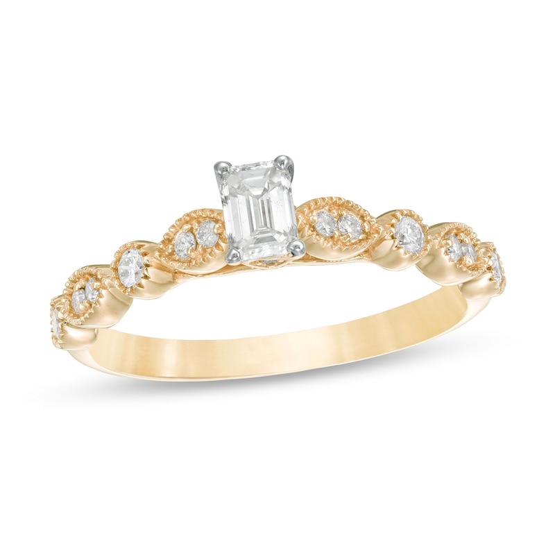 1/2 CT. T.W. Emerald-Cut Diamond with Marquise Shapes Vintage-Style Engagement Ring in 10K Gold