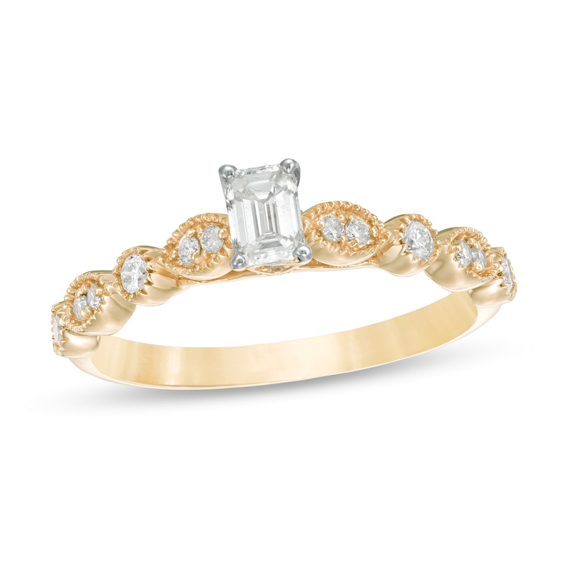 Main Image 1 of 1/2 CT. T.W. Emerald-Cut Diamond with Marquise Shapes Vintage-Style Engagement Ring in 10K Gold