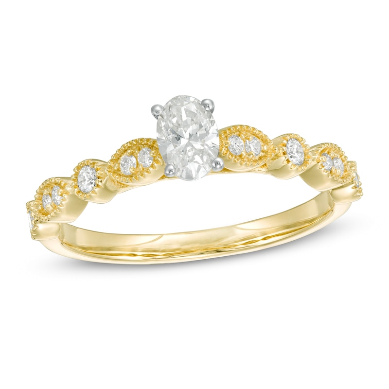 1/2 CT. T.W. Oval Diamond with Marquise Shapes Vintage-Style Engagement Ring in 10K Gold