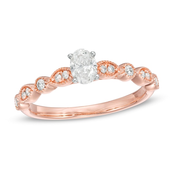 1/2 CT. T.w. Oval Diamond with Marquise Shapes Vintage-Style Engagement Ring in 10K Rose Gold