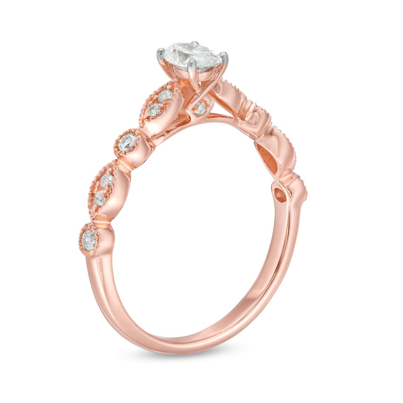 Main Image 3 of 1/2 CT. T.W. Oval Diamond with Marquise Shapes Vintage-Style Engagement Ring in 10K Rose Gold