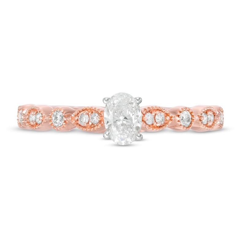 Main Image 4 of 1/2 CT. T.W. Oval Diamond with Marquise Shapes Vintage-Style Engagement Ring in 10K Rose Gold