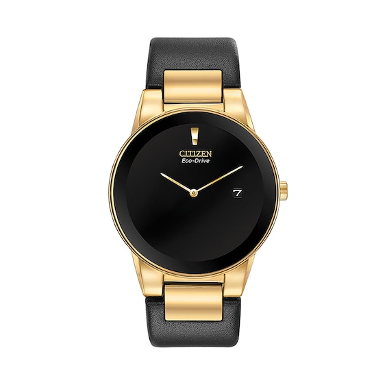 Men's Citizen Eco-DriveÂ® Axiom Gold-Tone Black Leather Strap Watch with Black Dial (Model: Au1062-05E)
